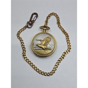 Majestron Eagle Quartz Hunter Pocket Watch Gold Tone Wildlife Chains New Battery
